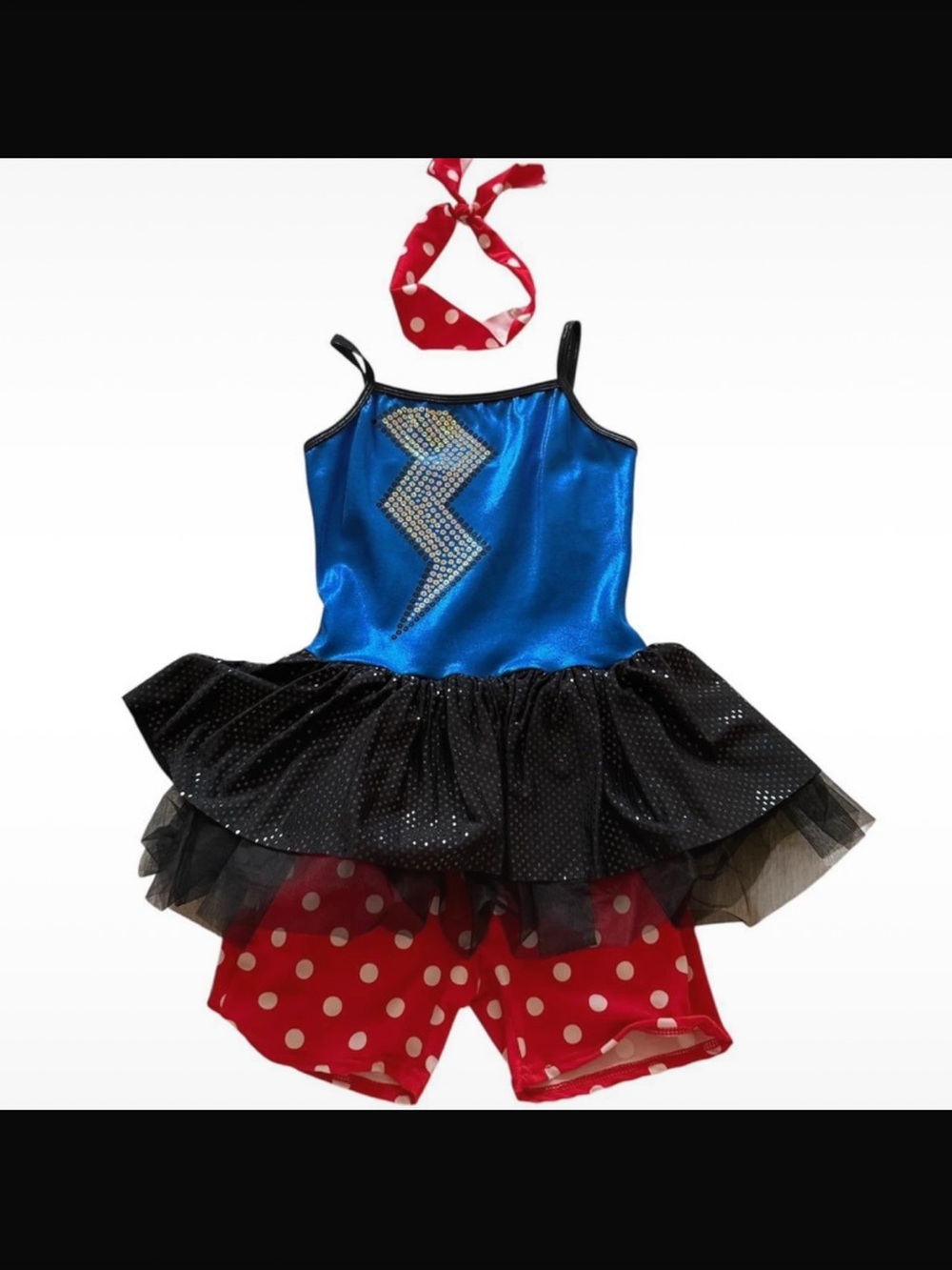 Girls' Blue Lightning Superhero Costume with Black Tutu and Red Polka Dot Shorts